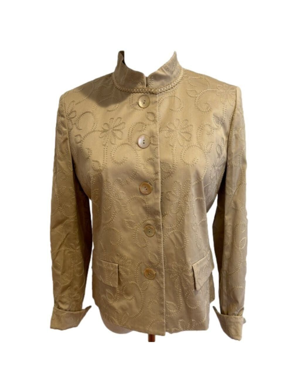 NWOT TAN EMBROIDERED RELAXED FIT JACKET W MANDARIN COLLAR & ABALONE BUTTONS 8P